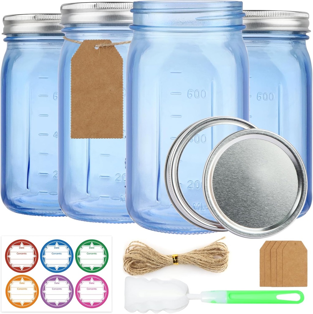 4 Pack Mason Jars 32 oz, Blue Wide Mouth Canning Jars with Airtight Lids, Glass Pint Jars with Bands Labels Brush, Large Storage Quart Jars for Jam Fermenting Preserving
