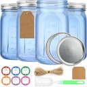 4 Pack Mason Jars 32 oz, Blue Wide Mouth Canning Jars with Airtight Lids, Glass Pint Jars with Bands Labels Brush, Large Storage Quart Jars for Jam Fermenting Preserving