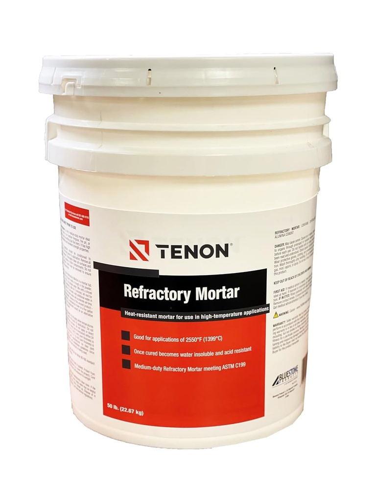 Tenon Refractory Mortar - High Temperature Mix for Fireplaces, Fire Pits, Chimneys, Parging, Brick, Clay, and More, White in Color, High Heat Resistance, Up to 2550°F (1, 50 Pounds)