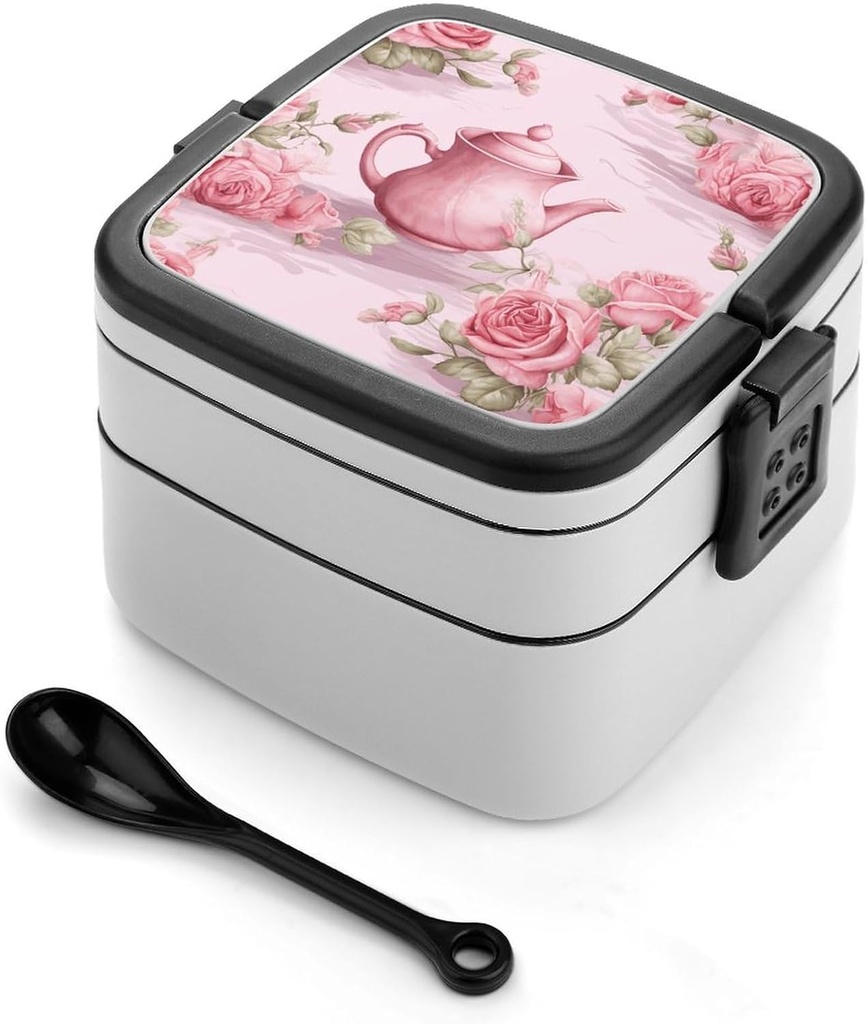 Peach Rose Tea Bento Box with Compartments Double Layer Bento Lunch Box with Spoon And Handle All-in-One Adult Lunchbox Leakproof Lunch Container for Work Picnic Travel