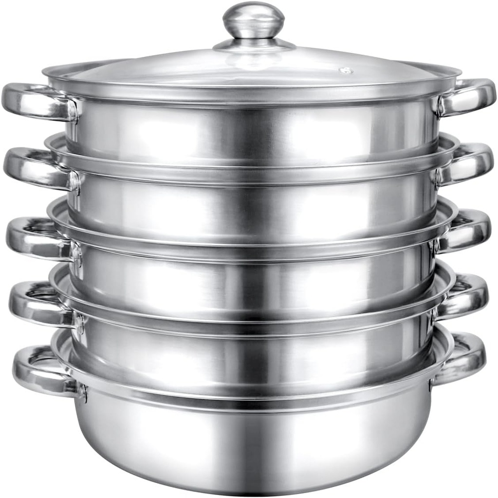 Premium Stainless Steel Steamer Set with 5 Tier Steamer Pans Tier, Multi-Layer Cookware Pot for Steaming, Boiling, and Cooking (Super Thick 28cm)