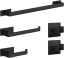 Self-Adhesive Bathroom Hardware Set 5 Pieces, Matte Black Stainless Steel Towel Bar Set, Includes 24Inch Single Rod, Towel bar,Toilet Paper Holder, Single Hook, Bathroom Towel Rack Set (Matte Black)