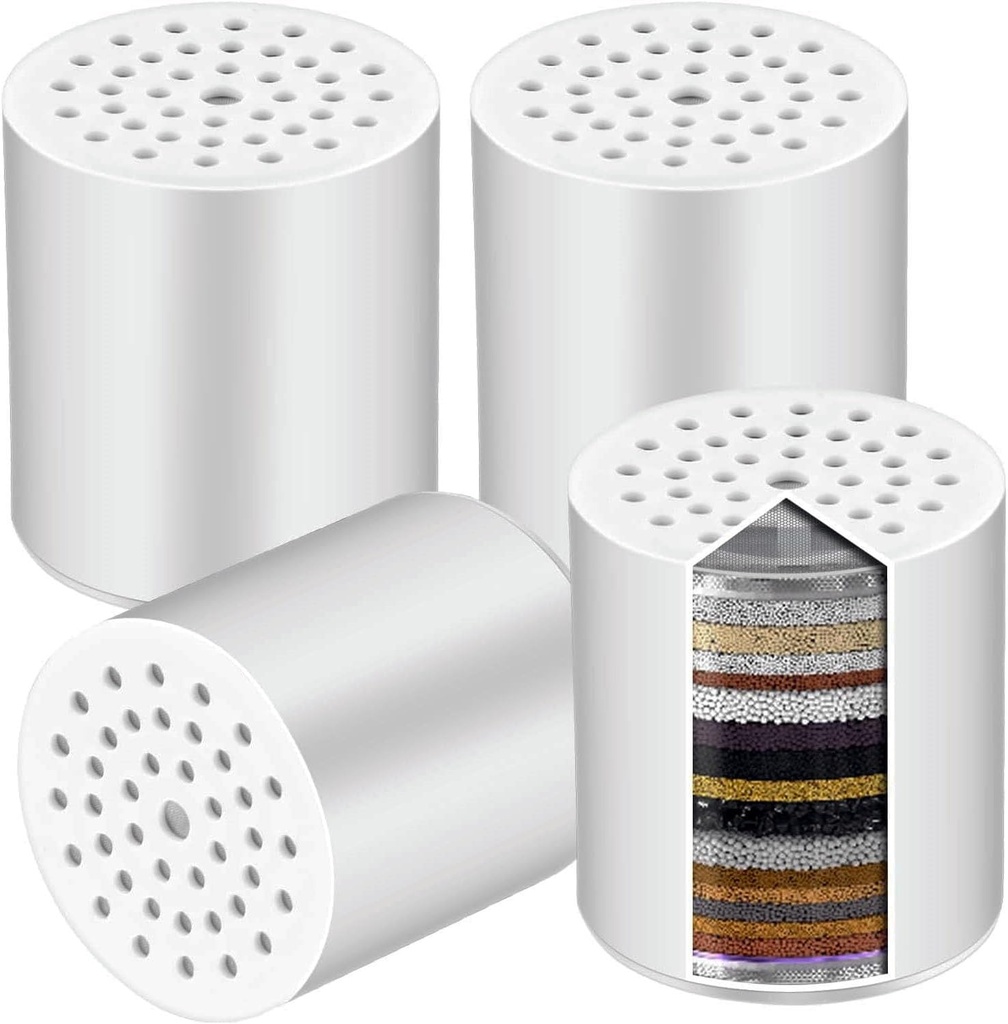 15 Stage Universal Shower Water Filter Cartridges for Chemical & Chlorine Reduction, Hard Water, pH Balance Restoration - Replacement for All Similar Shower Systems (4 Pack)