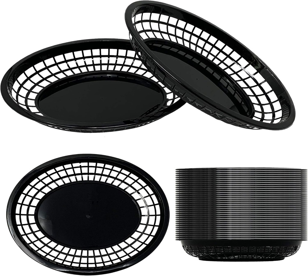Plastic Fast Food Baskets - HUGE 12" x 9" SIZE Food Baskets For Serving - Reusable Foodservice Restaurant Deli Diner Burger Fries Fish Chip Hot Dog Bread Sandwich Plates Tray Platter (36 Pack, Black)