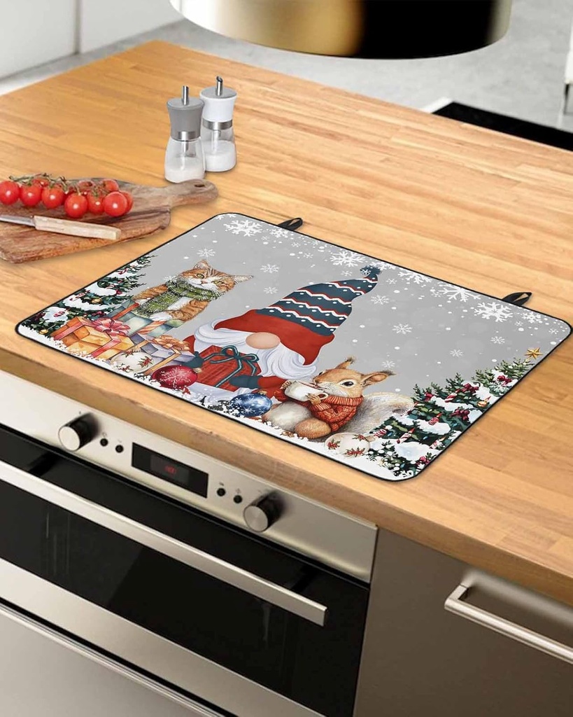 Christmas Countertop Burners Protection Mats for Kitchen, Christmas Gnome Winter Tree Squirrel Snowflake Gray Rubber Stove Top Cover Mat Heat Proof Mats Cooktop Cover for Counter Dish Drying, 31"x24"