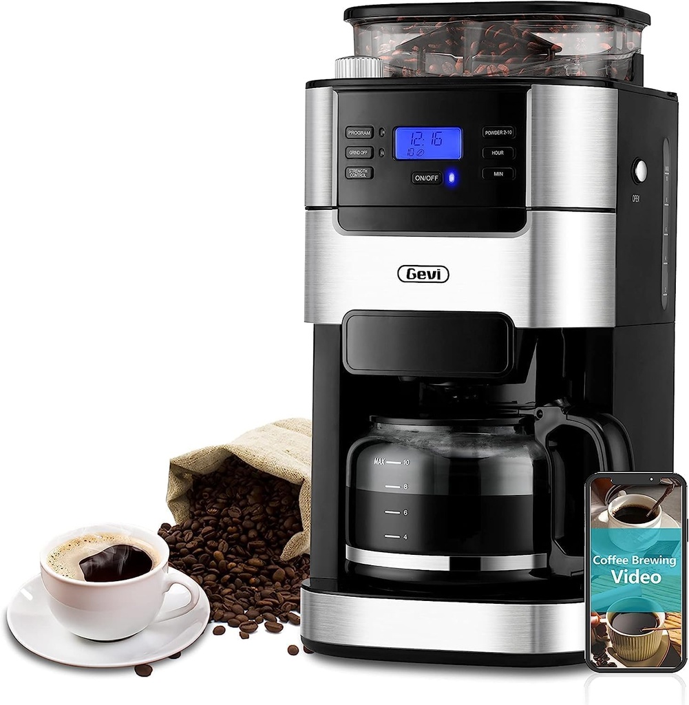 Gevi 10-Cup Coffee Maker with Built-in Grinder, Programmable Grind & Brew, 1.5L Water Reservoir, Keep Warm Plate Coffee Machine and Burr Grinder Combo