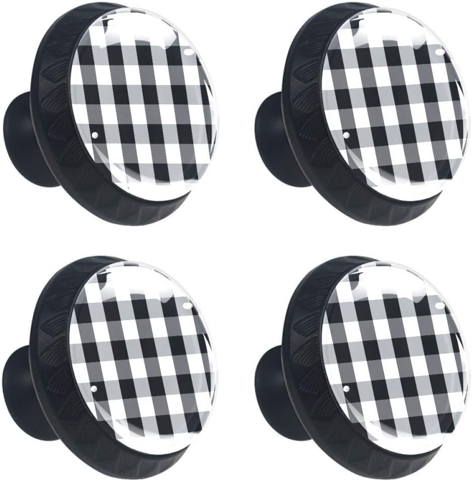 Round Drawer Handle Classic Buffalo Plaid Check Black White Crystal Glass Dresser Cabinet Knobs Pulls with Screws for Home Kitchen Wardrobe Cupboard Closet 4 Pieces