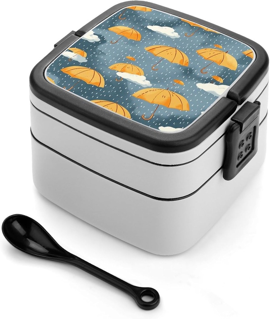 Yellow Umbrella Pattern Bento Box Adult Lunch Box All-in-One Lunch Containers with Removable Compartments Double Layer Bento Lunch Box with Spoon And Handle Stackable Lunchbox