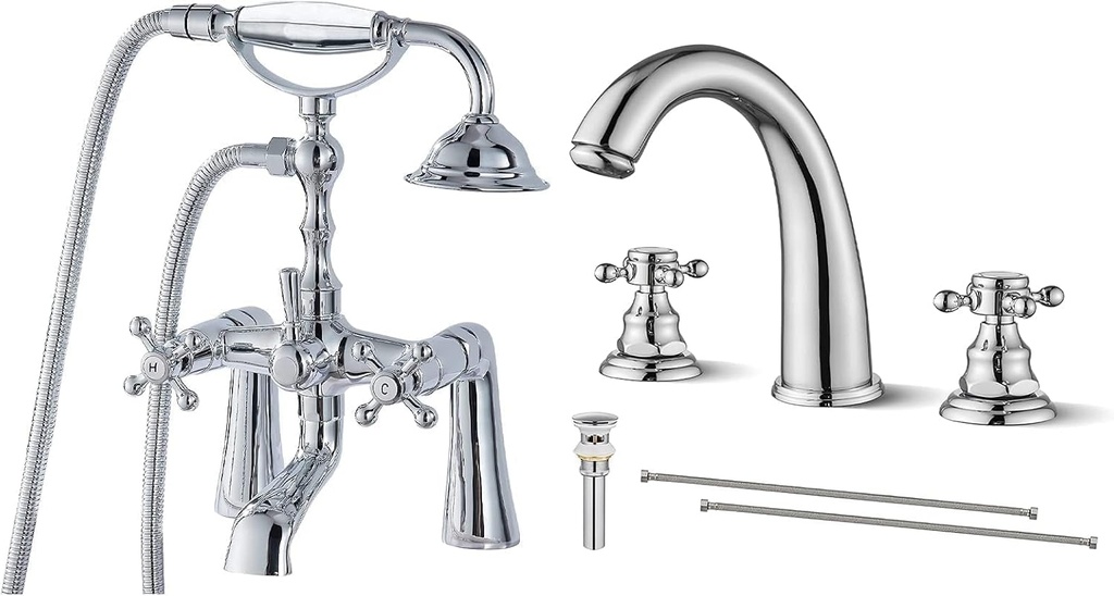 Clawfoot Deck Mount Tub Bathtub Faucet with Telephone Shaped Sprayer 2 Cross Handle 3 Hole Widespread Bathroom Faucet 8 inch Chrome Polished 2 Cross Handle Pop Up Drain with Overflow