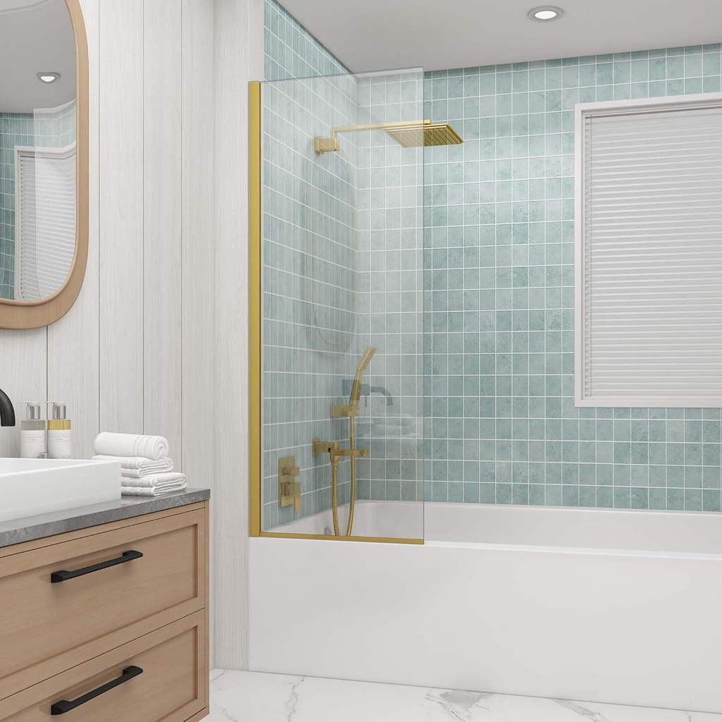 Sunrosa 24"×60" Bathtub Glass Panel,8mm Thick Shower Screen,Brushed Gold Semi-Frameless Bathroom Shower Door, Easy to Clean