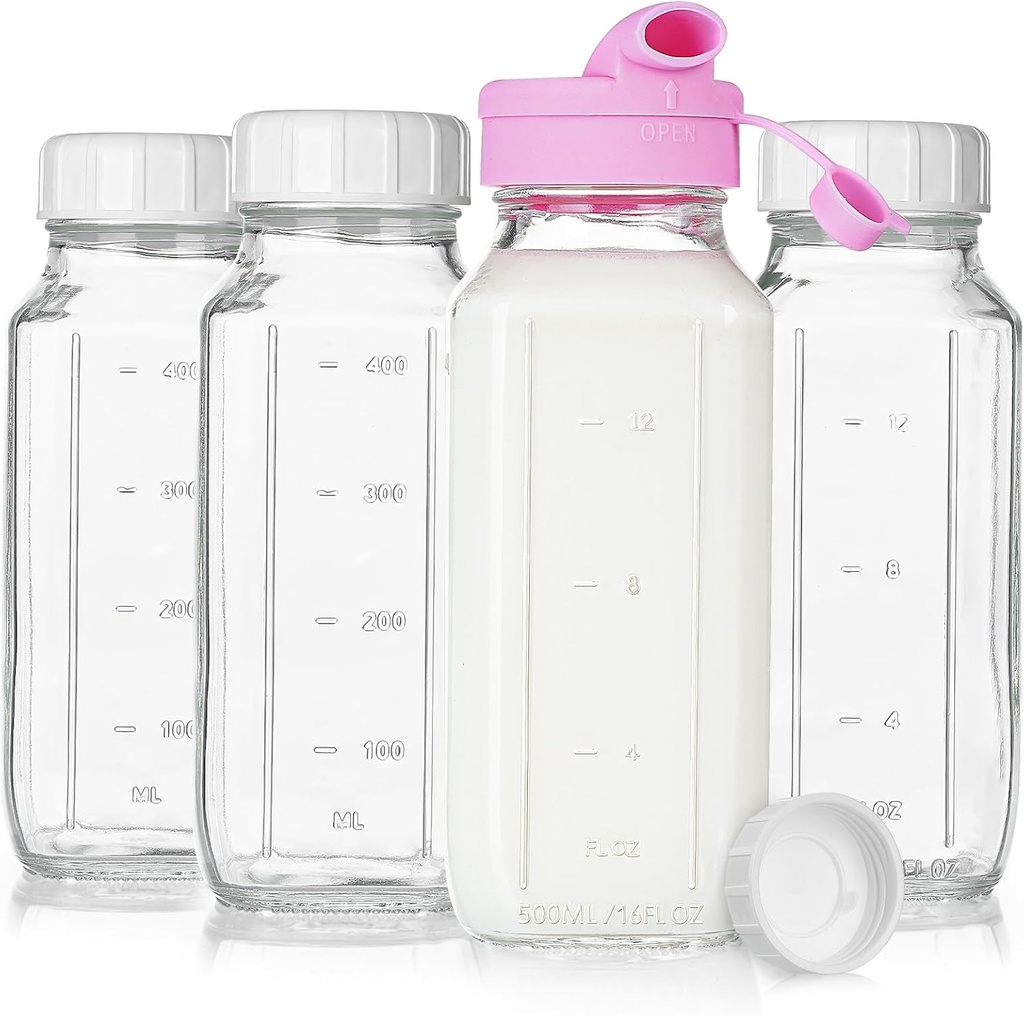 4 Pack 16 Oz Square Glass Milk Bottle with A Silicone Dispenser Cap, Glass Juice Bottles with Airtight Screw Lid, Reusable Drinking Bottles with Capacity Marks, Breastmilk Storage Container