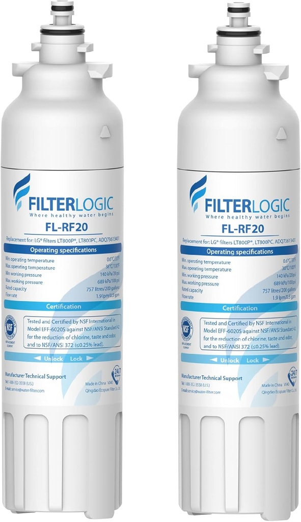 Filterlogic ADQ73613401 Refrigerator Water Filter, Replacement for LG® LT800P®, LT800PC, ADQ736134, ADQ73613402, LSXS26326S, LSXS26366S, LMXS30776S, LSXS26366D, LMXC23746S, 46-9490, 469490, Pack of 2