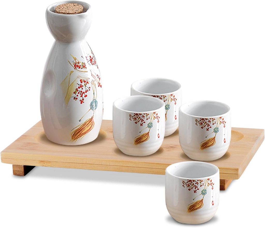 Japanese Sake Set, 6Pcs Ceramic Sake Set with 1 Tokkuri Bottle, 4 Ochoko Cups and 1 Bamboo Tray Traditional Porcelain Pottery Saki Drink Set Porcelain Saki Cups Microwave and Dishwasher Safe