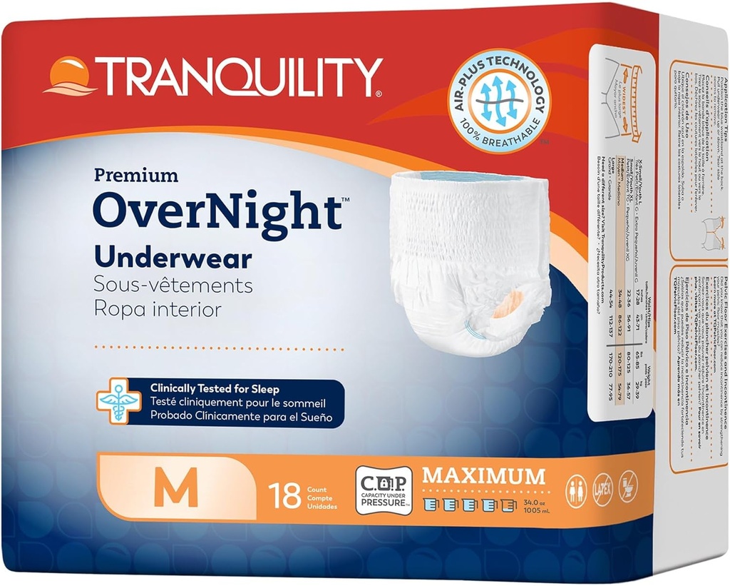 Tranquility Premium OverNight Disposable Absorbent Underwear (72 Count) - M, 34-48 in. Waist - Maximum Absorbency, All-Night Sleep, Breathable Comfort, 72 Adult Diapers