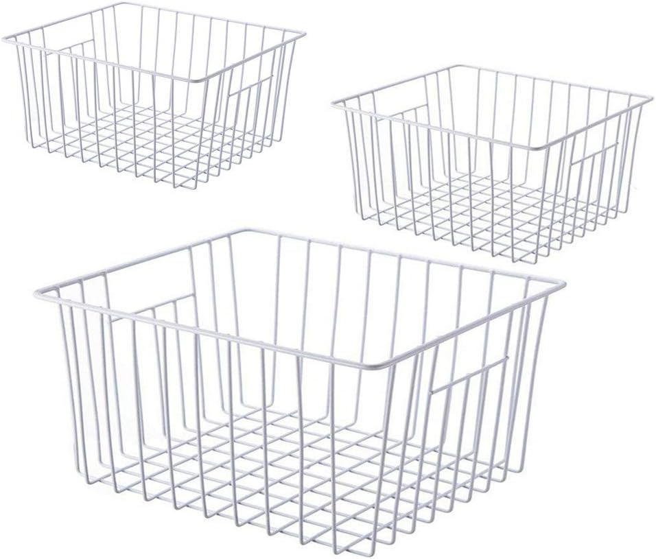 Freezer Wire Baskets, Kitchen Storage Organizer Bins for Chest and Upright Freezer, Refrigerator Dividers Containers with Handles - Pearl White (3)