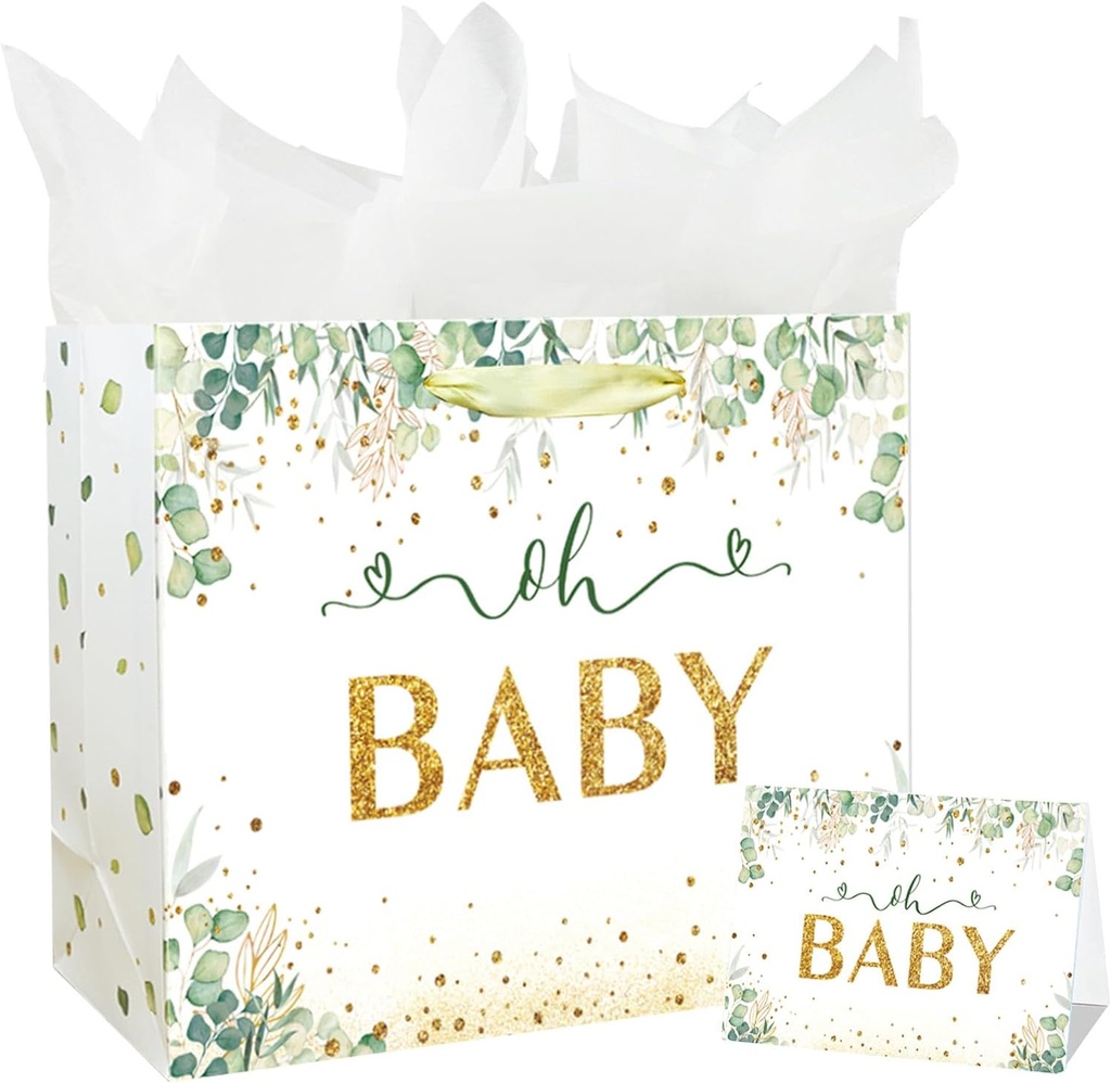13" Large Baby Boy Girl Gift Bag for Baby Shower or Birthday with Handle, Tissue Paper and Greeting Card (13" Green)