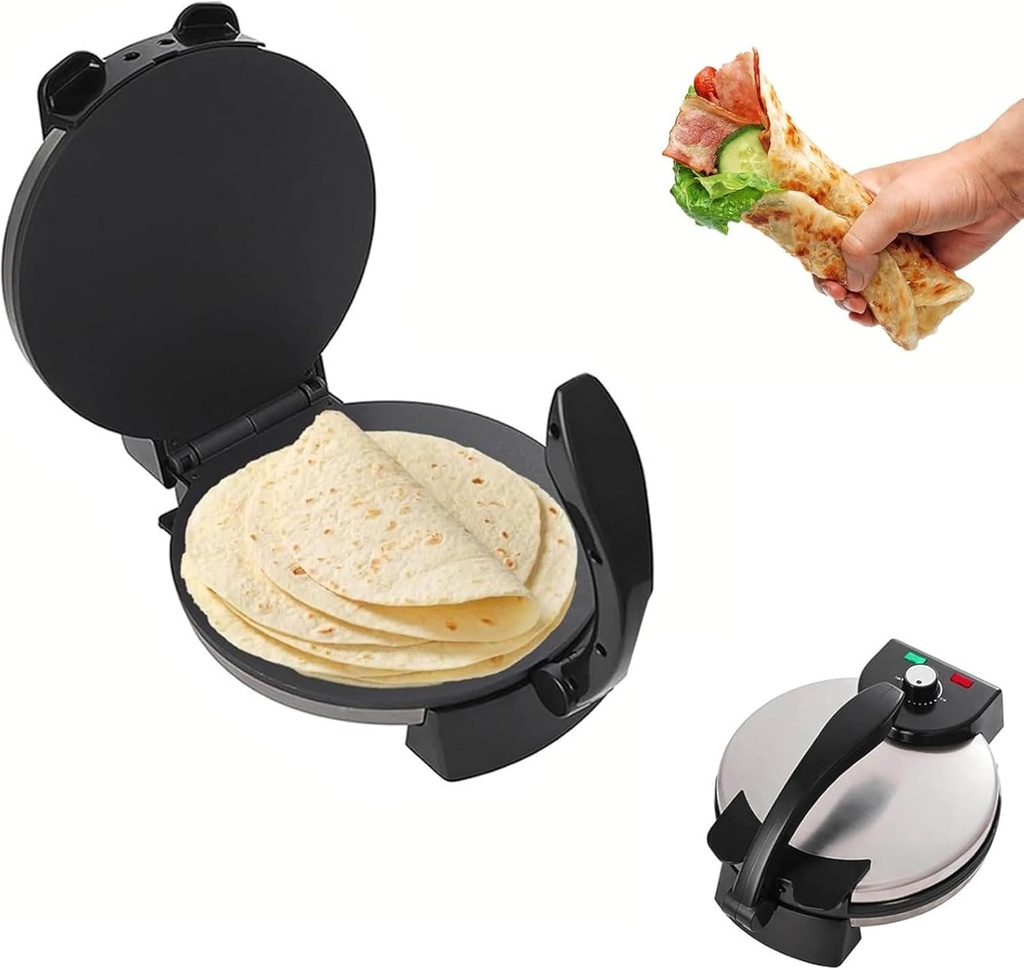 2000W Electric Tortilla Maker, 12 Inch Roti Maker Machine with Adjustable Temperature, with Indicator Lights, Double-sided Heating
