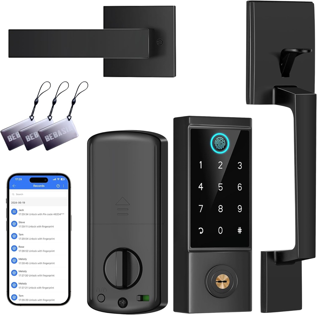 BEBASIA Smart Door Lock with Front Door Handle Set, Heavy Duty Fingerprint Handleset, Keyless Entry Smart Deadbolt for Front Door, Bluetooth Keypad Digital Lock Black