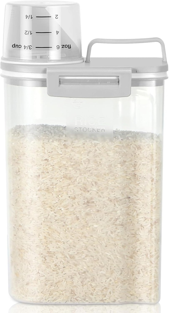 TBMax Rice Storage container 4 Lbs, Small Rice Dispenser with Measuring Cup, Grey Cereal Containers Flour Bin, Kitchen Food Storage Container and Pantry Organizers, Pet Dog Cat Food Dispenser