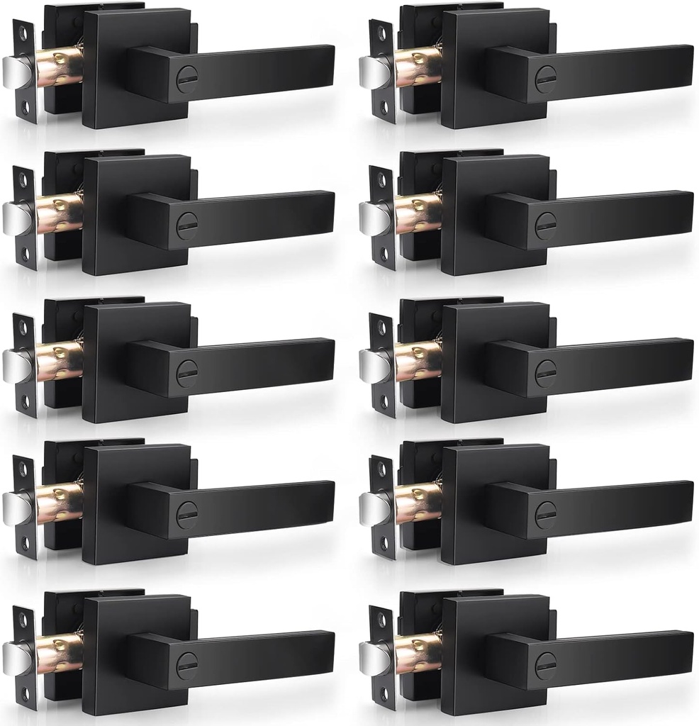 Probrico Heavy Duty Flat Black Door Handles Square Privacy Interior Door Levers Bedroom and Bathroom Door Handles Keyless Bed/Bath Lockset (10 Pack)