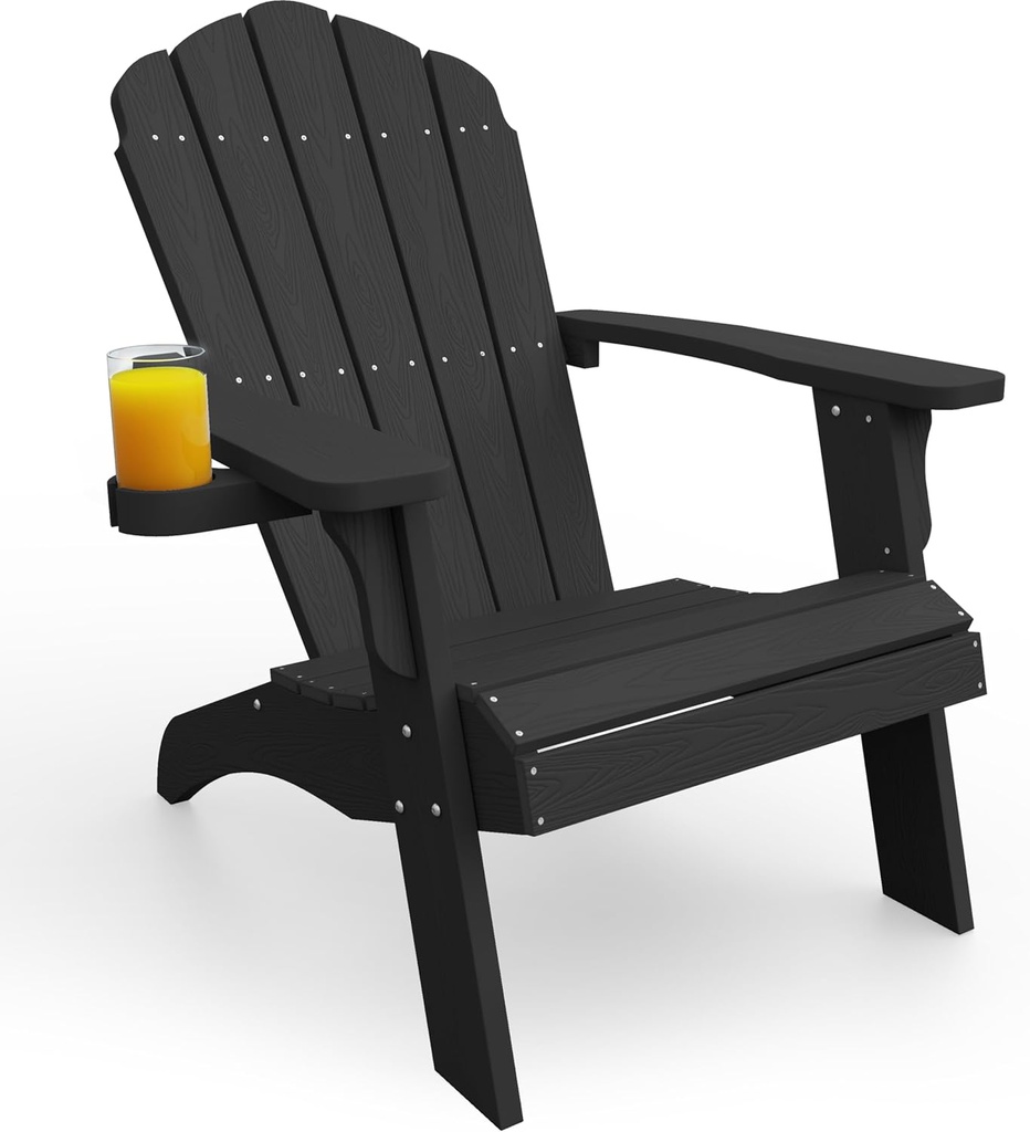 YEFU Oversized Adirondack Chair with Cup-Holder,Plastic Outdoor Fire Pit Chair, Weather Resistant, Poly Lumber Chair, Used in Patio, Lawn, Deck,Heavty Duty,Weight Capacity 450lbs-Black