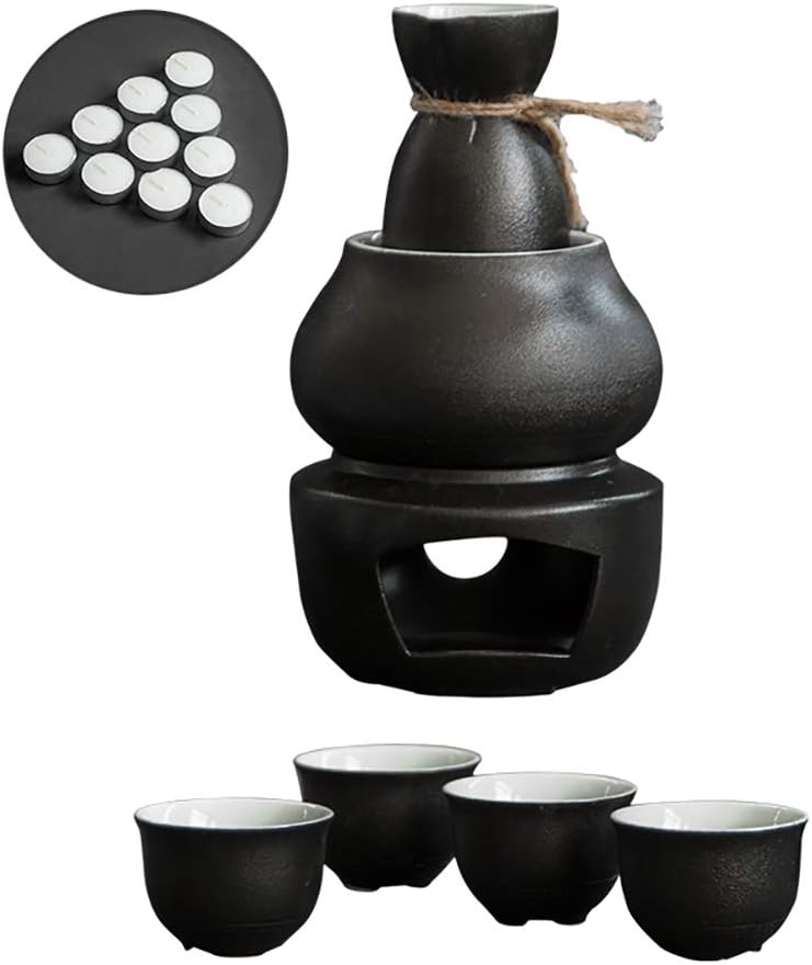 QWEASDF Japanese Sake Set, Traditional Ceramic Craftsmanship, 7-Piece Warm Wine Set (Including 1 Bottle, 4 Cups, 1 Wine Warmer, 1 Heating Station), Retro Atmosphere, Suitable As Gifts and Decorations