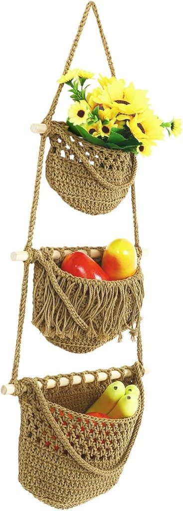 Hanging Storage Basket for Kitchen Woven Organizer for Fruits and Vegetables Space-Saving Wall-Mounted Produce Holder Natural Aesthetic Design