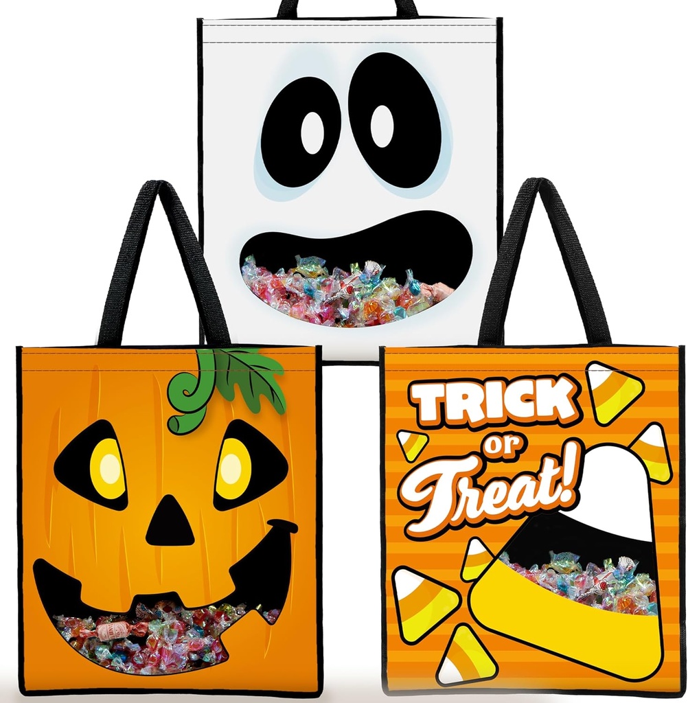 JOYIN 3 PCS Halloween Large Tote See-through Bags, 22.5” x 13.4” Halloween Goodie Candy Bags for Kids Trick or Treating, Grocery Shopping Gifts Tote with Handles, Classroom Party Favor Supplies