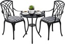 3 Piece Patio Bistro Set, Cast Aluminum Dining Table Set, All Weather Outdoor Round Metal Table with Umbrella Hole and Chairs Set of 2 with Cushion for Outside Garden, Black