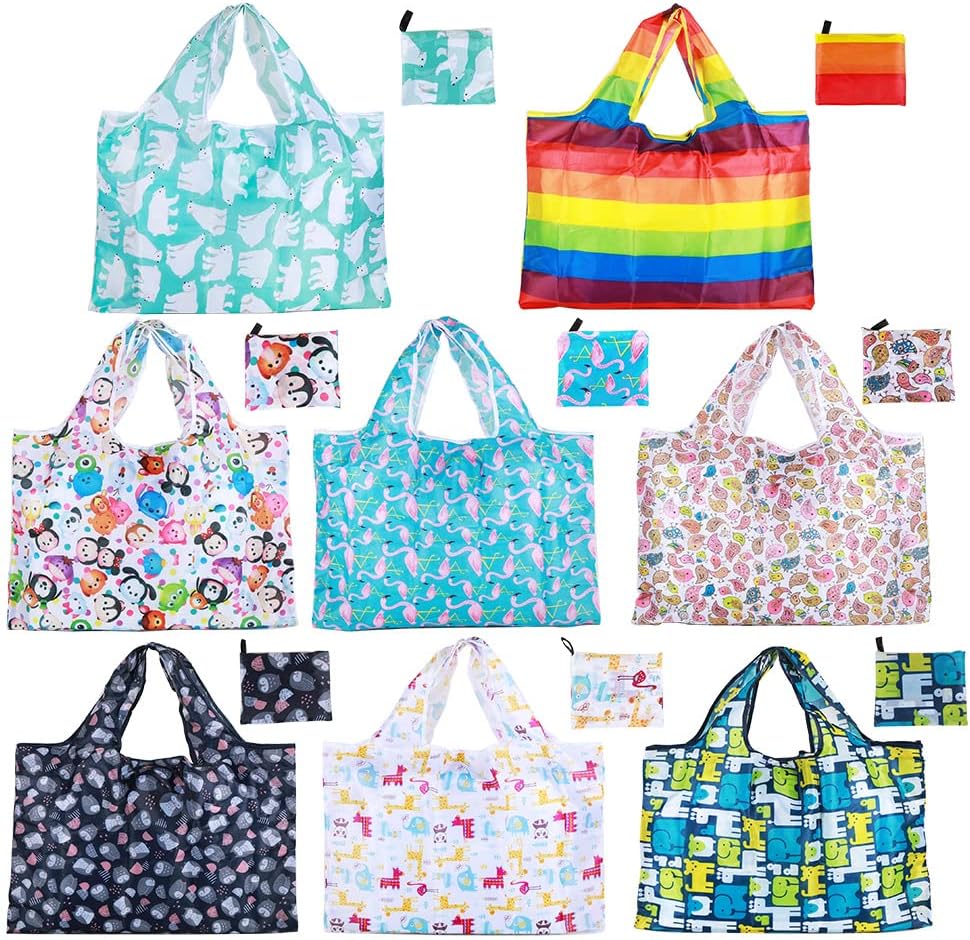 CODOBON Grocery Bags Reusable Foldable 8 Pack Shopping Bags Large 50LBS Groceries Bags Ripstop Waterproof Machine Washable Eco-Friendly Nylon (animals-8pack)