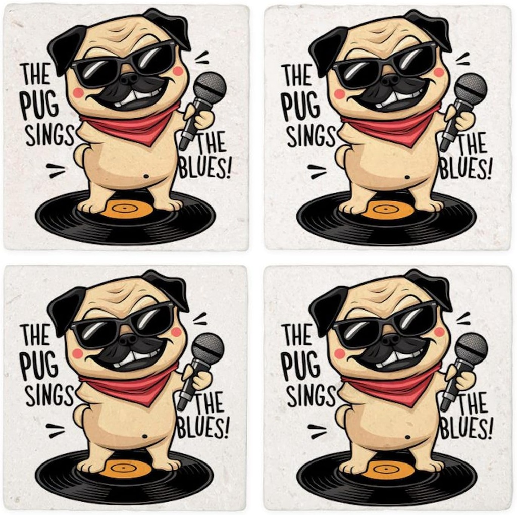 CafePress The Pug Sings The Blues Tumbled Stone - Set of 4 Coasters Set of 4