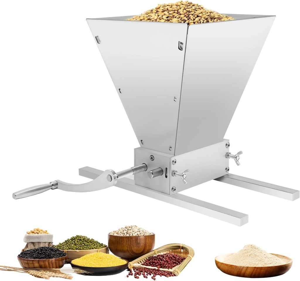 Stainless Steel grain mill grinder, Manual Grain Mill 2-Roller Grain Crusher with 1.06Gal Hopper - Adjustable 0-2.5mm Gap, Manual, Electric Drill Compatible for Homebrew Beer Brewing