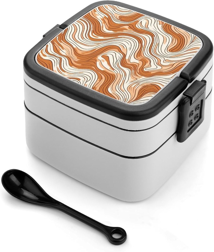 Orange Wavy Pattern Bento Box Adult Lunch Box All-in-One Lunch Containers with Removable Compartments Double Layer Bento Lunch Box with Spoon And Handle Stackable Lunchbox