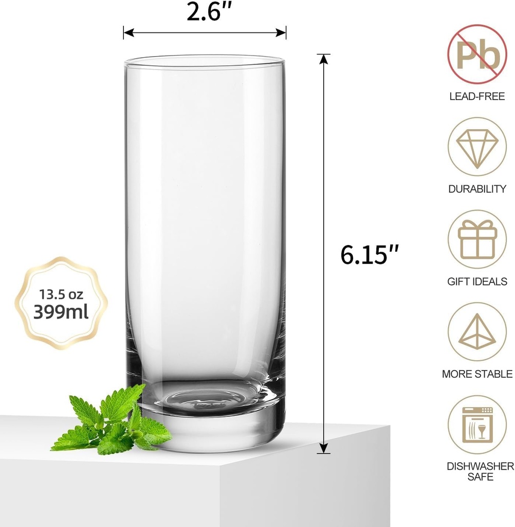 Large Crystal Highball Glasses Set of 2, 18oz Tall Drinkware for Cocktails, Water, Beer, and Mixed Beverages (2,Set Of 2)