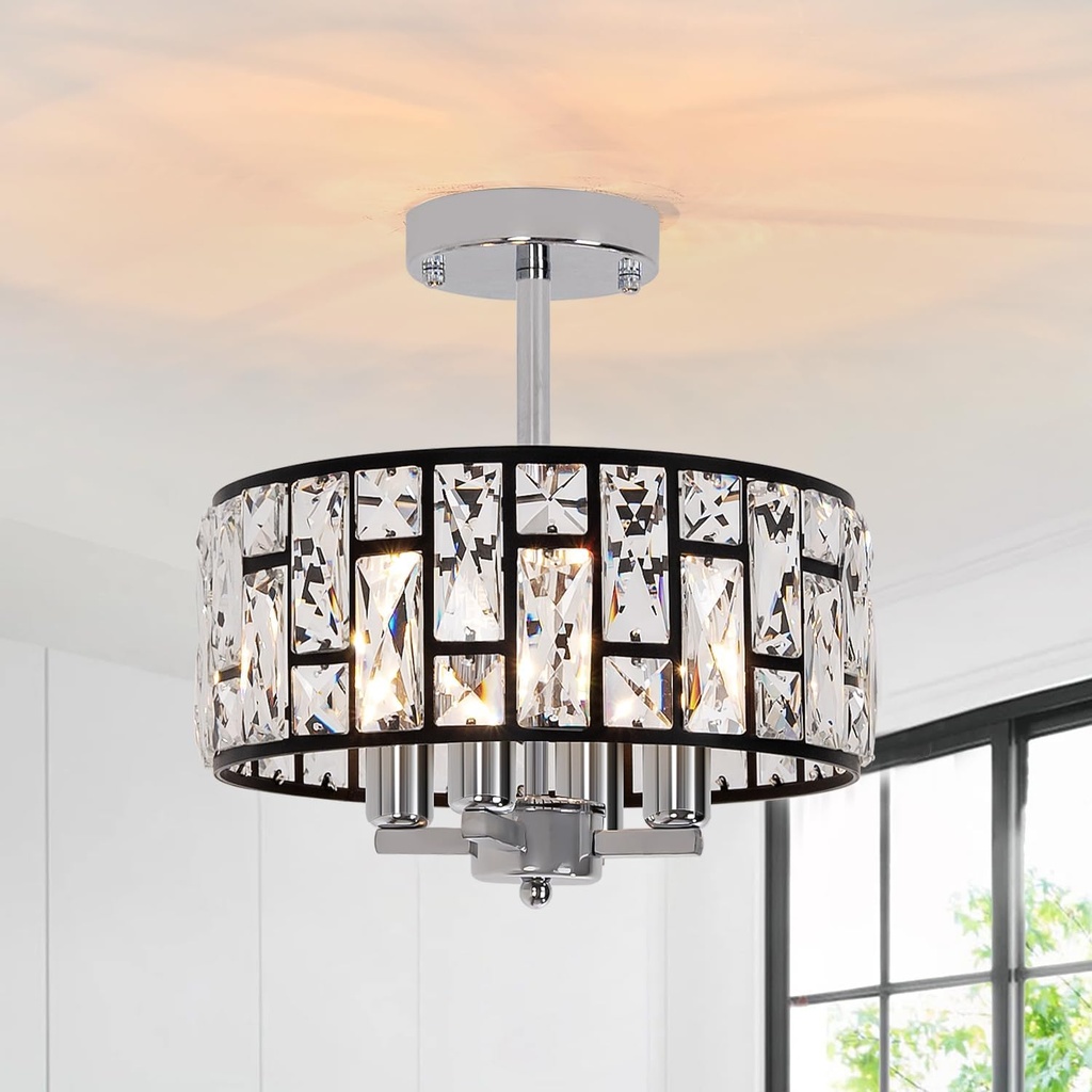 Black and Chrome Crystal Ceiling Light Fixture, Modern Semi Flush Mount Ceiling Light, 4-Light Crystal Close to Ceiling Lighting for Kitchen Bedroom Bathroom Entryway, 11.22 lnch