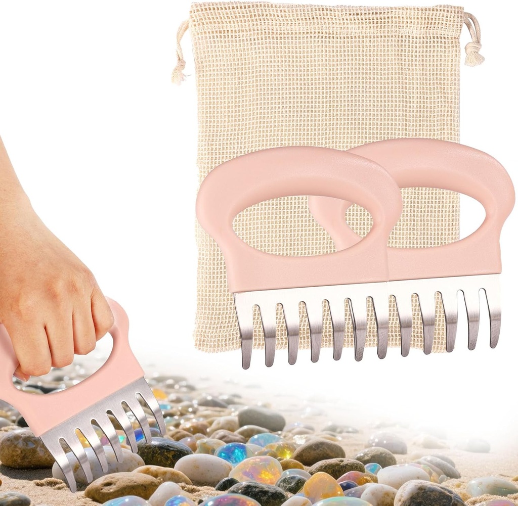 2pcs Sand Rake, Beach Comb with Mesh Bag Hand Held Rake Sand Sifter Pink Beach Scoop with Shovel for Picking up Shells Sea Glass Hunting Shark Teeth Digger Tools