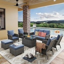 Yechen Patio Conversation Set with 44" Propane Gas Fire Pit Table - 8 Pcs Outdoor Wicker Furniture Set with Lid & Wind Shields - Luxury 9 Seats Sectional Sofa Set for Porch,Backyard