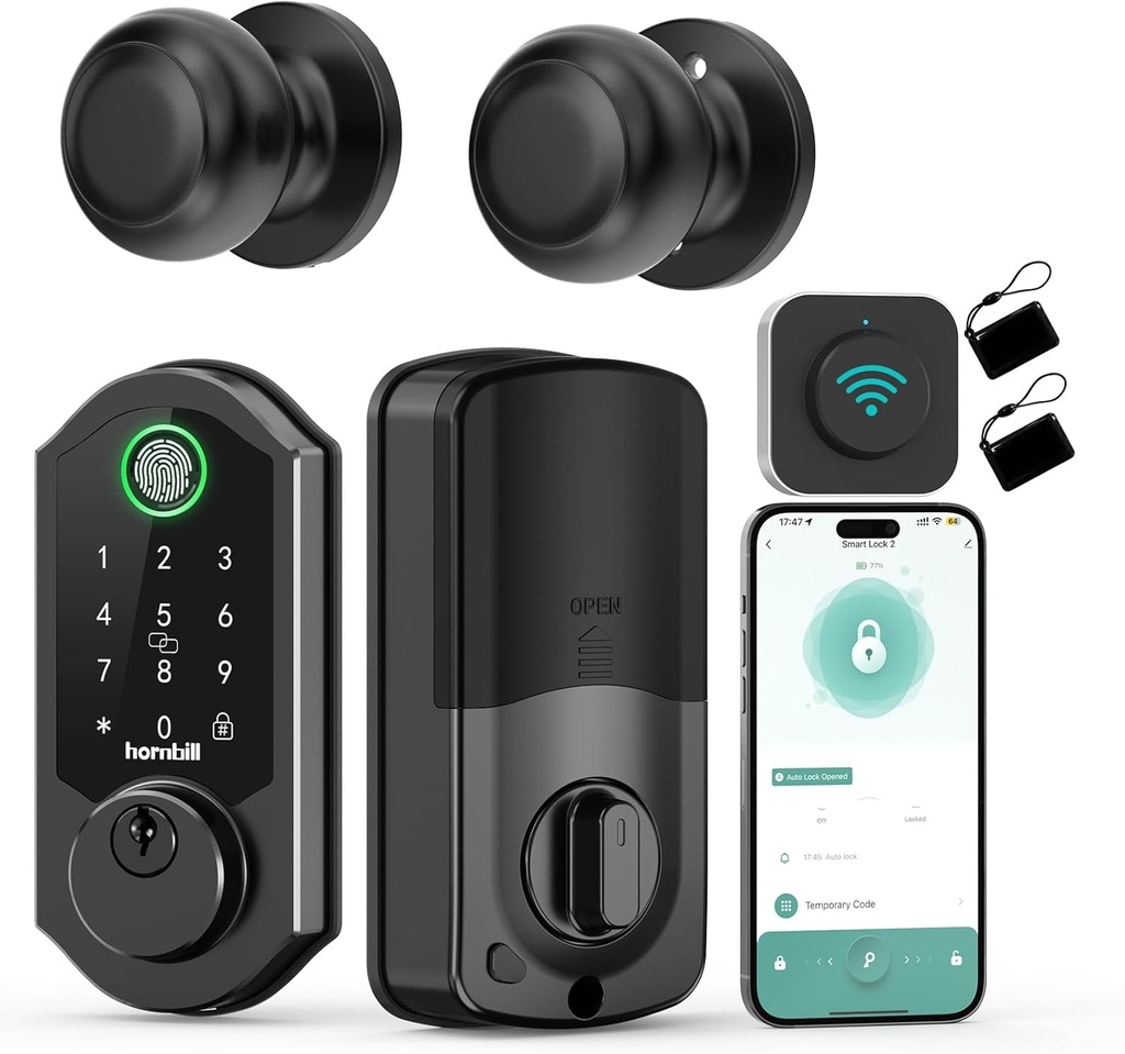 Hornbill Front Door Lock Set: WiFi Keyless Entry Smart Deadbolt Knob with Fingerprint Keypad App Code Fobs Remote Control Alexa Google, Digital Electronic Touchscreen Lock for Exterior - Black