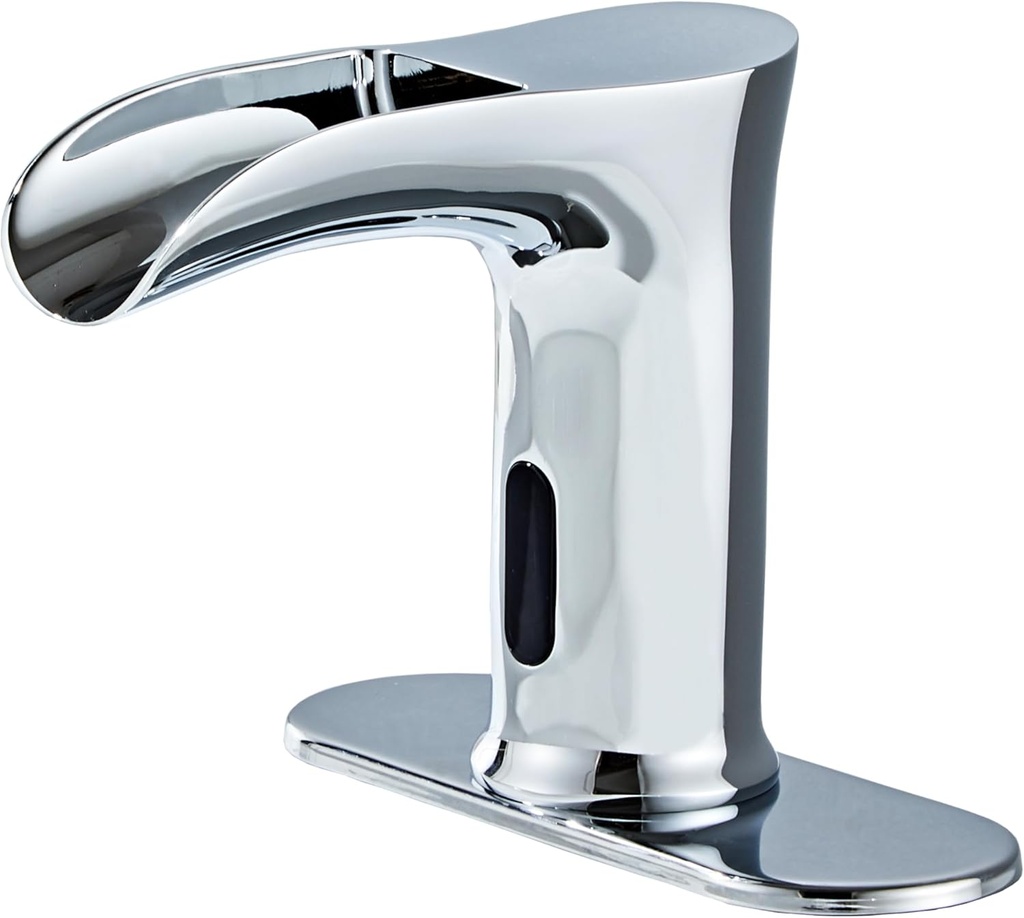 Touchless Bathroom Automatic Sink Faucets Waterfall Sensor Motion Hands Free Basin Commercial Auto Off Stop Faucet with Temperature Control Brass Mixer Deck Plate for Bath Vantiy Rv(Chrome)
