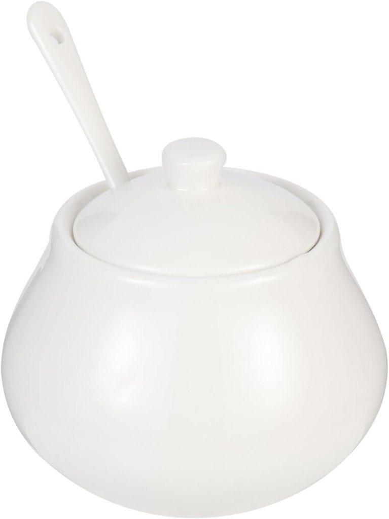 Zerodeko Ceramic Sugar Container with Spoon and Lid White Condiment Dispenser for Sugar Salt and Seasoning Kitchen Jar for Coffee Bar Dining and Home Use