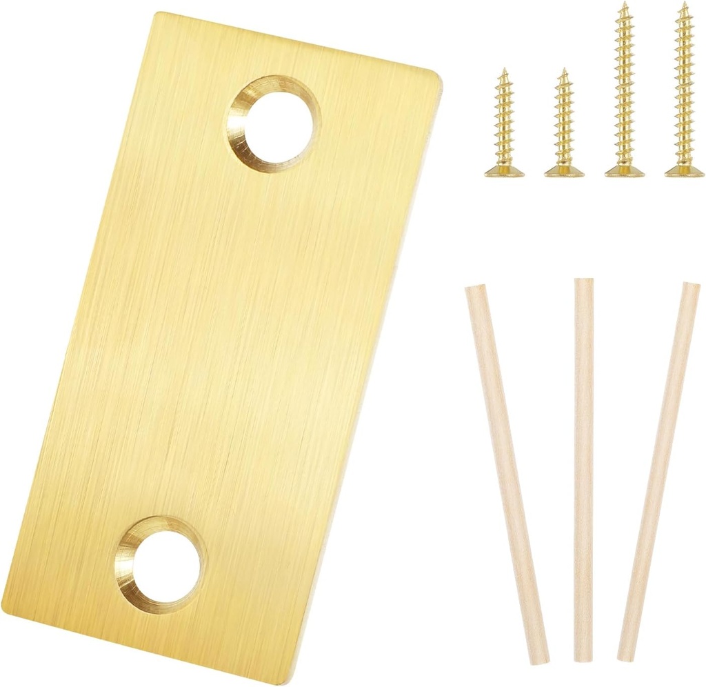 Brass Door Filler Plate 1-1/10" × 2-1/4" Door Edge Hole Cover Platewith Long and Short Screw 3 Wood Dowels, Brass Deadbolt Strike Plate – 1 Pack