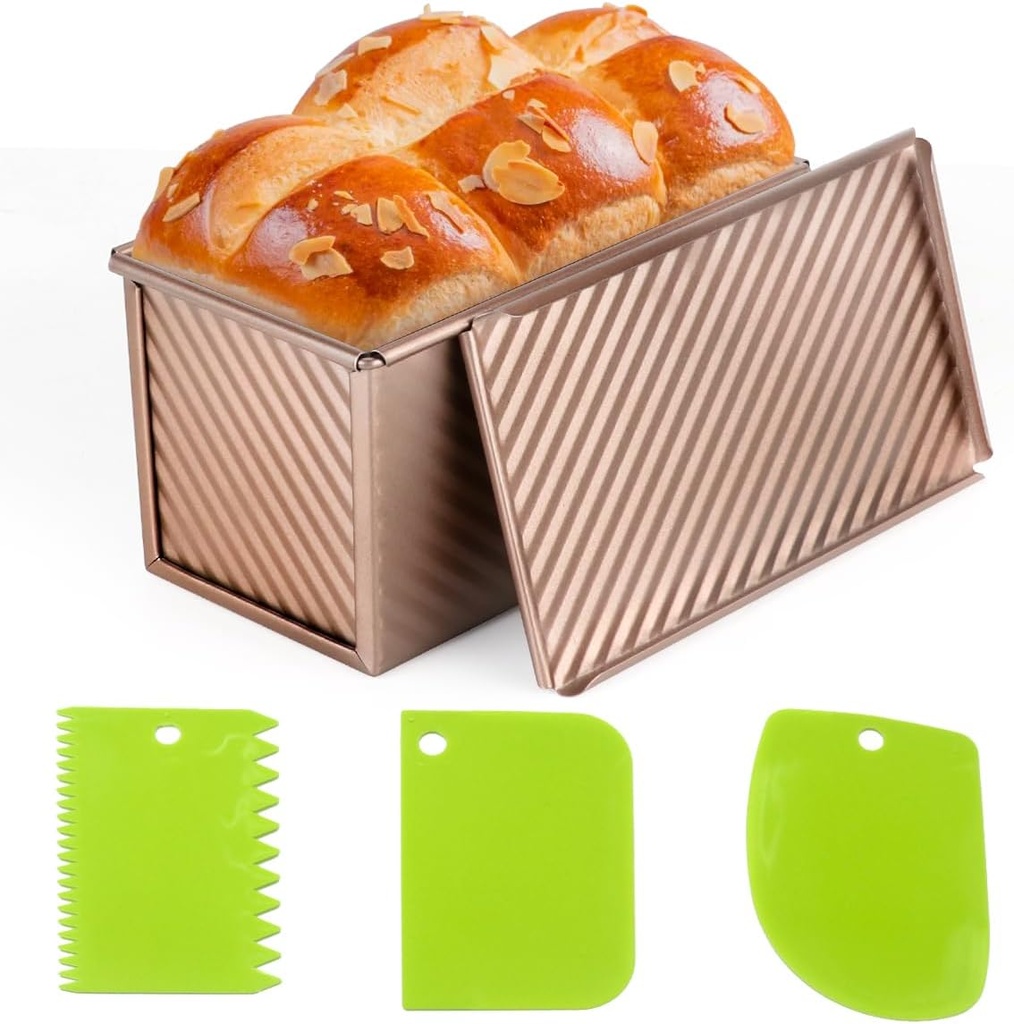 Non-Stick Pullman Pan with Lid, Loaf Pan with Lid, Carbon Steel Corrugated Bread Toast Box Mold with Cover for Baking Bread Sandwich,1 lb Dough with 3 PCS Dough Scraper Cutter