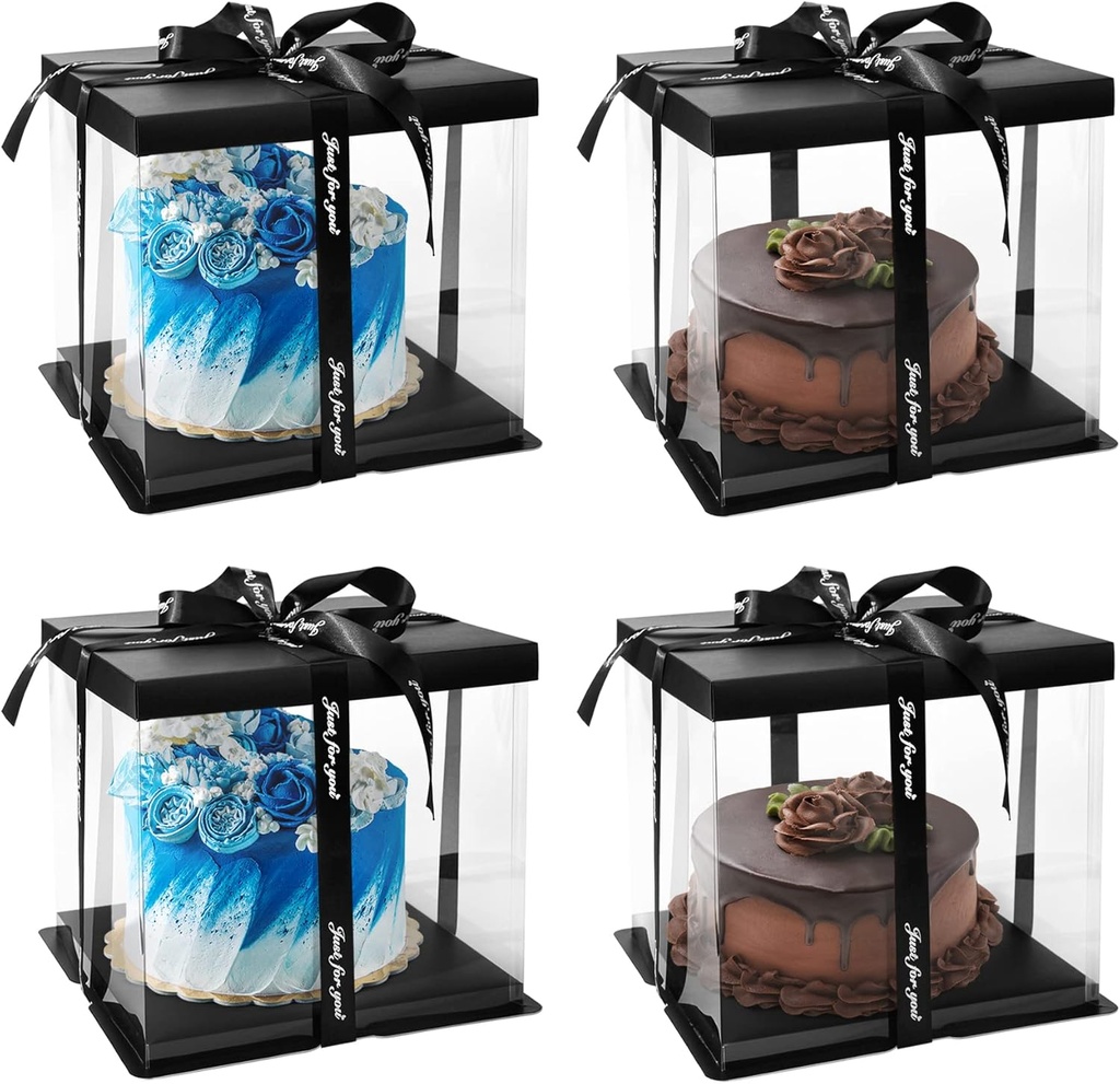 4 Pack Clear Cake Box Carrier 10" X 10" X 9" Cake Packaging Container with Ribbon Transparent Boxes with Lid Gift Package for Birthday Wedding Party, Black