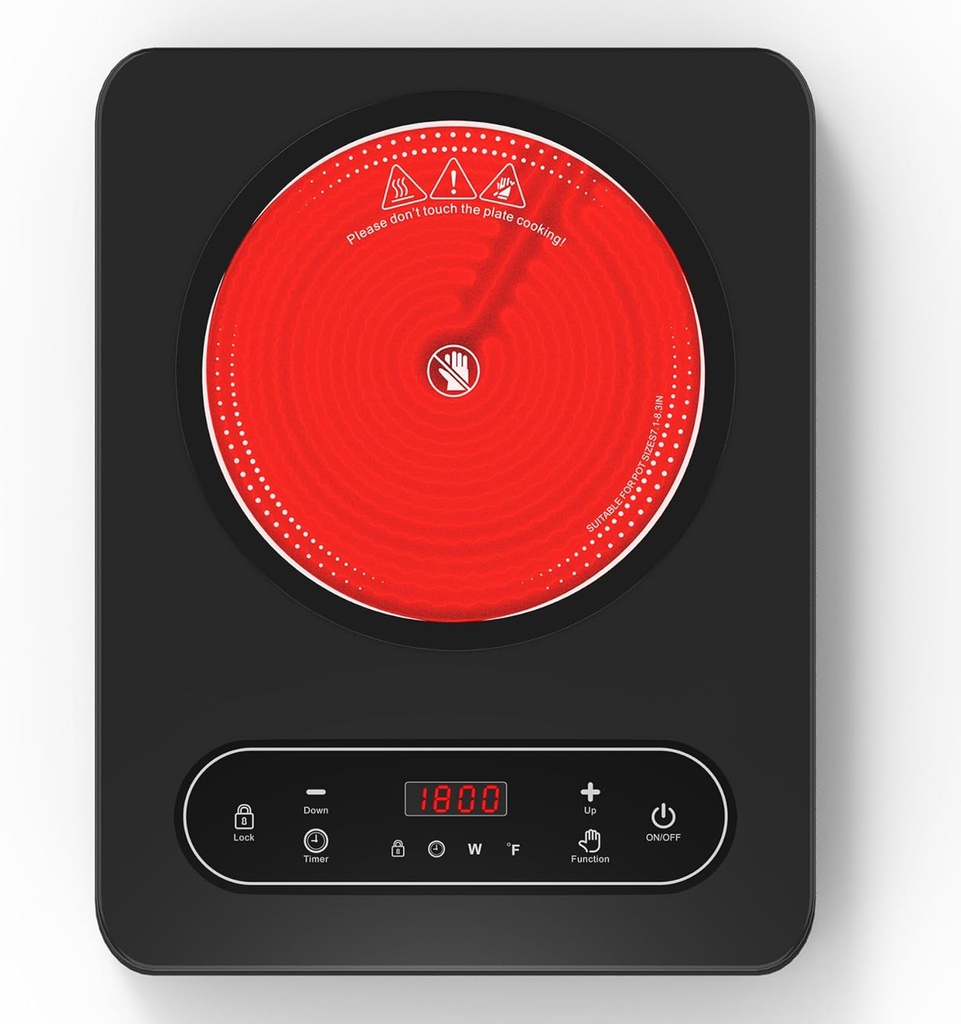 VBGK Single Burner Electric Cooktop,110V 1800W Electric Stove Top with LED Touch Control,10 Power Levels, 4 hTimer, Safety Lock,Portable cooktop,Overheat protection
