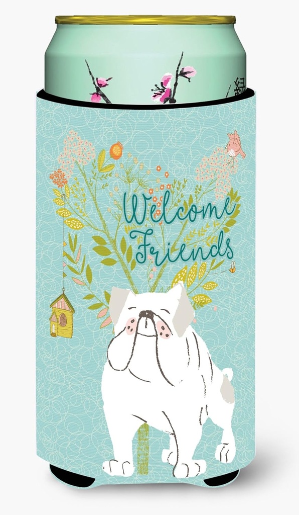 Caroline's Treasures BB7603TBC Welcome Friends English Bulldog White Tall Boy Hugger Can Cooler Sleeve Hugger Machine Washable Drink Sleeve Hugger Collapsible Insulator Beverage Insulated Holder