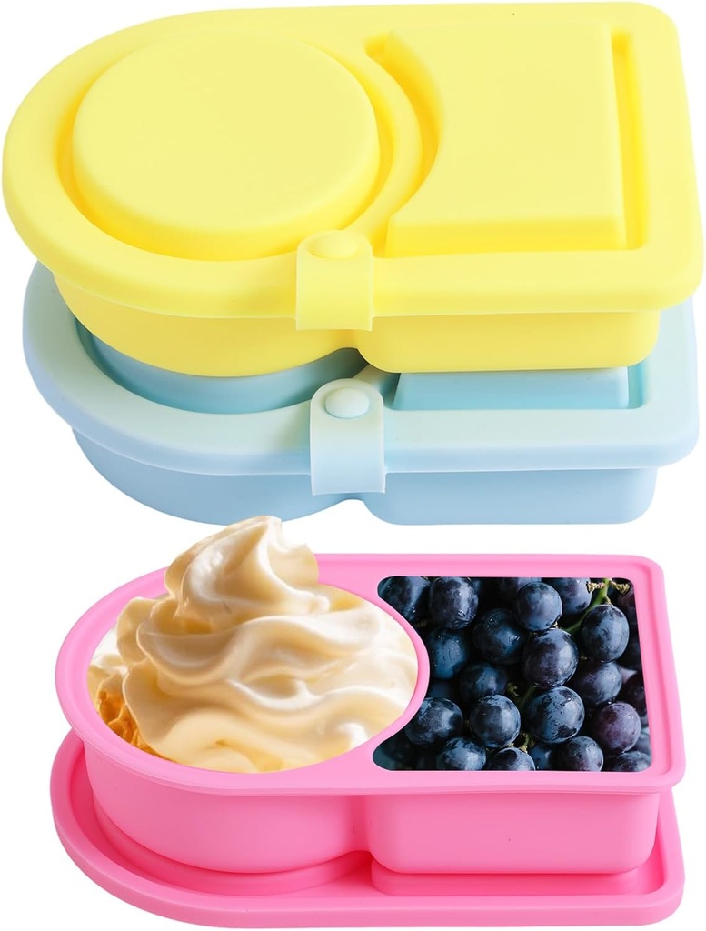 BOXOB 3pcs Silicone Snack Containers with Lids, 2 Compartment Reusable Mini Snackle Box BPA-free Portable Food Storage Snackle Containers for Lunch Travel School Office (Yellow, Blue, Rose)