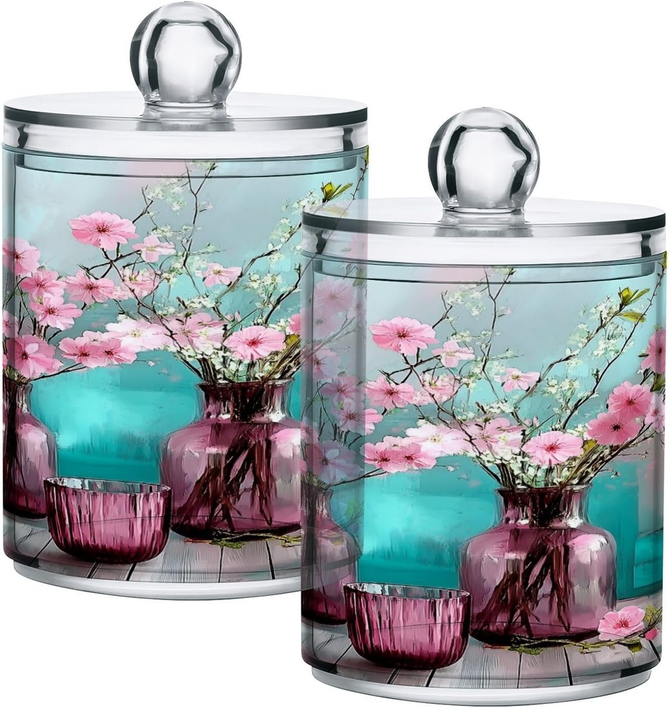 Acrylic Plastic Clear Jar with Lid, Pink Glass Bottle Flowers Airtight Storage Jar 2 Pack Kitchen Storage Containers for Cookie Snack Candy