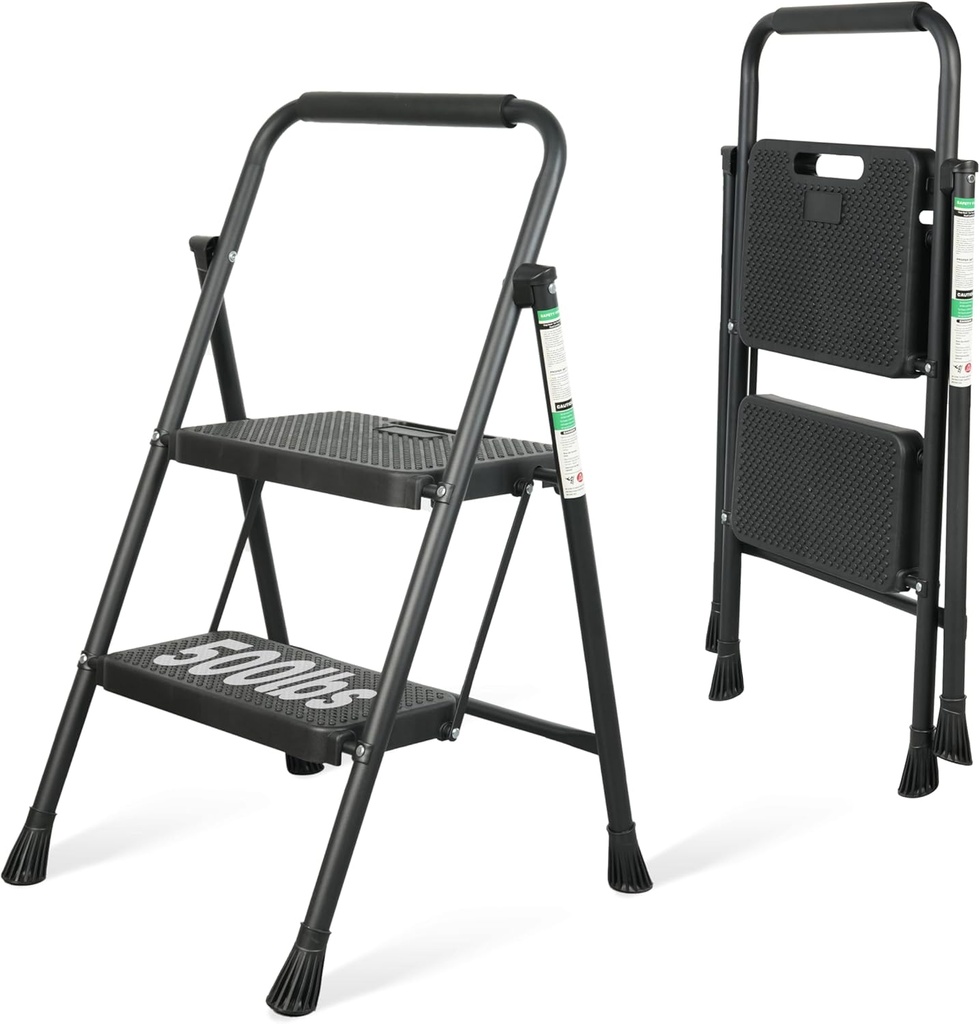 2 Step Ladder, Portable Steel Folding Step Stool with Wide Anti-Slip Pedal & Convenient Handgrip, 500lbs Sturdy Steel Ladder, Black