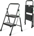 2 Step Ladder, Portable Steel Folding Step Stool with Wide Anti-Slip Pedal & Convenient Handgrip, 500lbs Sturdy Steel Ladder, Black