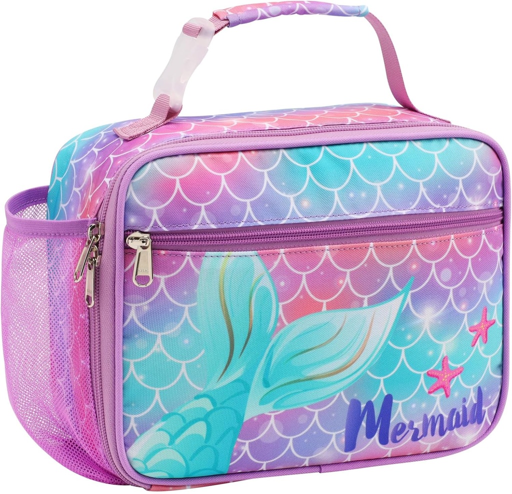 Bagseri Kids Lunch Bag Girls - Kids Lunch Box for Girls Reusable Insulated Lunch Bag with Water Bottle Holder Toddler Lunch Box for Daycare and School, Purple Mermaid Tail (Water Bottle Not Included)
